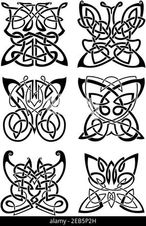 Celtic tattoos of graceful black butterflies with ornamental wings, composed from traditional scandinavian knot patterns. Isolated background Stock Vector