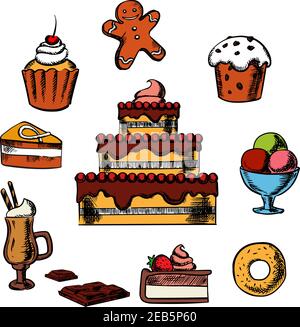 Sweet desserts with three tiered cake decorated with cream, berries, cupcakes, ice cream, donut, slices of honey cake and cheesecake, gingerbread man Stock Vector