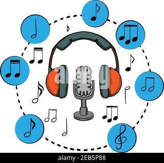 Music, sound and entertainment icons with microphone and earphones surrounded by music notes Stock Vector