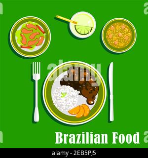 National cuisine of Brazil with black bean and meat stew, served with sliced orange and rice, spicy shrimps with chilli peppers, vegetable soup and li Stock Vector