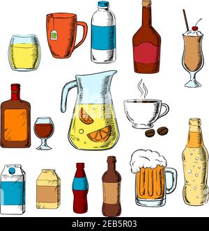Assorted beverages, alcohol and drinks icons with fruit juice, beer, soda and champagne, milkshake and liquor, milk, coffee and whiskey Stock Vector