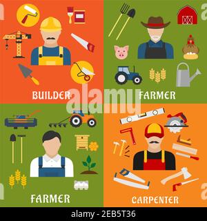 Construction and agriculture industry professions icons with flat male builder, farmer, carpenter and stockbreeder with tools, equipments and machiner Stock Vector