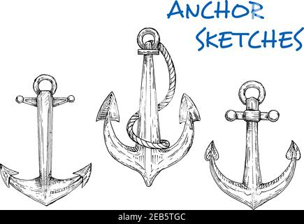 Nautical sketch of old ship anchors icons with rings and attached rope. Navy emblem, nautical heraldry symbol or vintage embellishment design usage Stock Vector