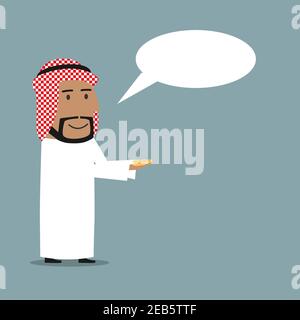 Happy cartoon arabian businessman standing with golden dollar coins in hands and blank speech bubble above head. Bonus, payment, wealth or corruption Stock Vector