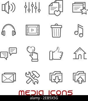 Thin line style multimedia and social media icons with speech bubble and e-mail, load, and home page, favorite star and heart, video, contacts, playli Stock Vector