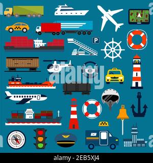 Transportation icons with taxi, trucks, cargo ships, yacht, airplane, helicopter, freight and tank wagon, airport compass traffic light helm lifebuoys Stock Vector