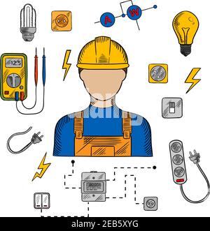 Electrician profession icons with electric man in yellow hard hat, electrical household supplies, electric tools and equipments symbols. For industria Stock Vector