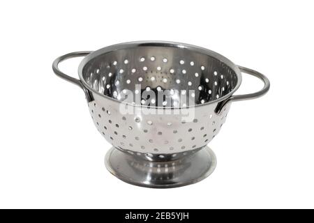 Stainless steel colander - white background Stock Photo