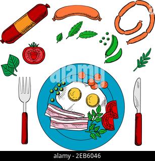 Cooked breakfast with fried eggs and bacon served on blue plate with cutlery surrounded by vegetables and sausage Stock Vector