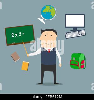 Teacher profession concept with man encircled by blackboard with chalk formula, books and pen, laboratory flasks and school bag, exercise book with ge Stock Vector