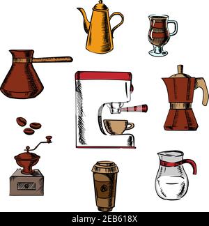 Coffee drinks icons with grinder, pot, sugar, beans, cups and coffee maker around coffee machine. Colorful vector illustration Stock Vector