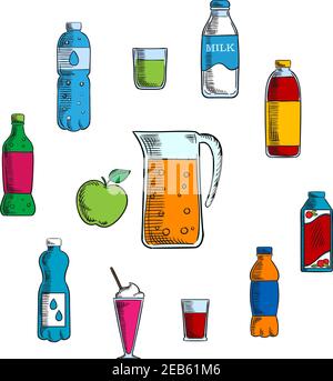 Non alcoholic beverages and drinks with pitcher and fresh apple encircled by water, milk, juice and soda bottles, lemonade and cocktails Stock Vector