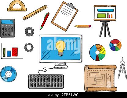 Online business idea, inspiration and research concept with computer surrounded by icons of analysis, accounting, maths, books, presentation, gear, di Stock Vector