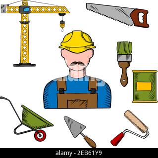 Builder profession and construction tools icons with man in yellow hard helmet and tower crane, hand saw and trowel, paintbrush and paint can, wheelba Stock Vector
