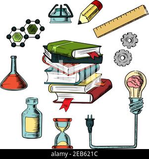 Knowledge, science and web education design with flasks, tubes, bottles, pencil, hourglass, ruler, gear, books and light bulb with brain Stock Vector