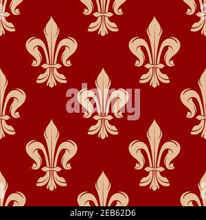 Red festive seamless fleur-de-lis pattern for heraldic design with beige floral ornament of royal victorian lilies Stock Vector