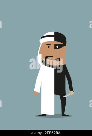 Arabian businessman with two personalities, one is successful entrepreneur in national garment and another as robber and thief with knife in black cos Stock Vector