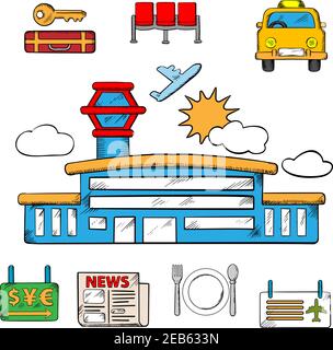 Airport and flight service icons for infographic design with airport building and taxi, ticket and waiting zone, baggage, currency exchange and servic Stock Vector