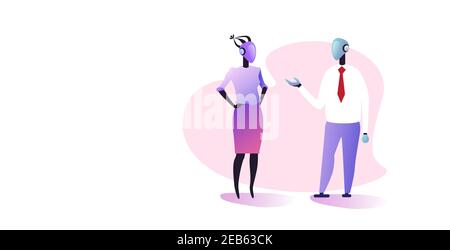 male female robotic business couple discussing during meeting artificial intelligence technology concept two robots standing together full length horizontal vector illustration Stock Vector
