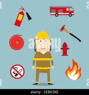 Firefighter profession icons with fireman in red protective helmet and suit, flanked by fire axe, conical bucket and shovel, extinguisher and fire ala Stock Vector