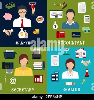 Banker, accountant, secretary and realtor professions icons with financial, real estate, banking and business office flat symbols Stock Vector