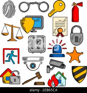 Security, safety and protection icons set with web security shield and padlock, key and safe, video surveillance and fire security, patent and justice Stock Vector