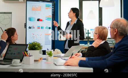 Professional executive manager briefing her collegues, explaning company strategy during brainstorming. Multiethnical businesspeople working in professional startup financial office during conference Stock Photo