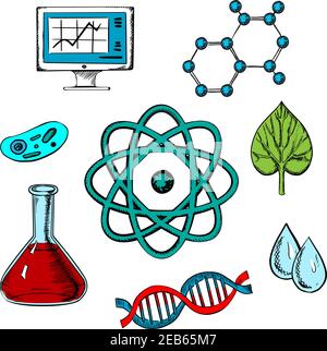 Biology flat concept design with a fresh green leaf surrounded by round icons depicting insects, microscope, computer, water, chemical analysis, atoms Stock Vector