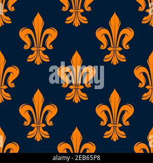 Orange and blue vintage floral seamless pattern with royal fleur-de-lis flowers. Interior, wallpaper and background design usage Stock Vector