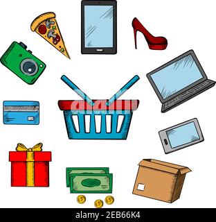 Trading and online shopping icons with smartphone, tablet and laptop, cash, credit card, gift, shoe, camera and pizza Stock Vector