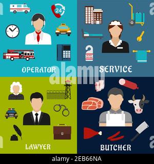 Call-center operator, lawyer, maid and butcher professions icons with flat symbols of hotel services, meat products, justice and law, customer and eme Stock Vector