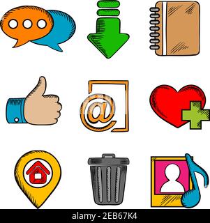 Multimedia web icons set with chat, download, notebook, like, e-mail, home, favorite, media and bin symbols Stock Vector