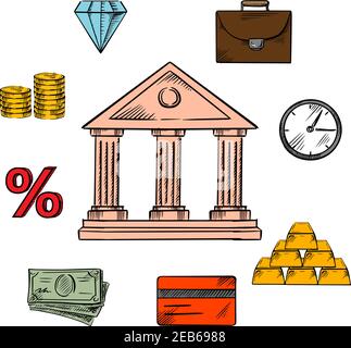 Banking, business and finance icons with a central bank building encircled by money, gold bullion and briefcase, clock and diamond, commodities and in Stock Vector