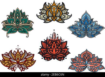 Colorful persian paisley flowers and flourishes with lush blooming kidney shaped petals with curly tips. Openwork floral design elements in red, blue, Stock Vector