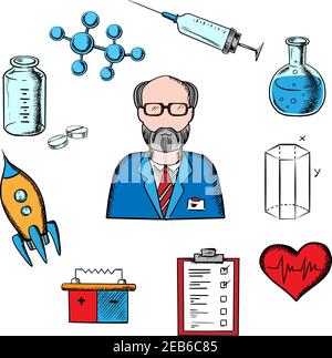 Different sciences and research concept with silhouette of a scientist surrounded by medical, biology, space, mechanic, geometry and scientific icons Stock Vector