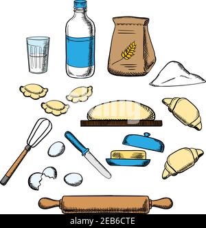 Cooking process of kneading dough with icons of dough, milk, butter, eggs, flour and kitchen utensil Stock Vector