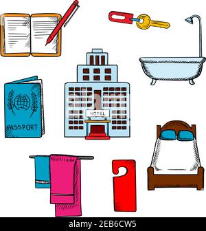 Hotel service and travel objects with room key, bed and bathroom, passport and booking, not disturb sign and towels Stock Vector
