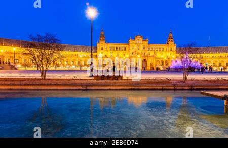 Spanish Steps, illuminated at night, in Seville, Andalusia, Spain Stock Photo