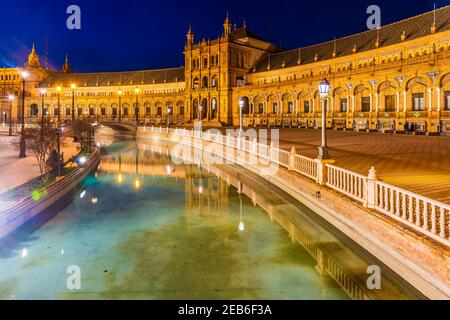 Spanish Steps, illuminated at night, in Seville, Andalusia, Spain Stock Photo