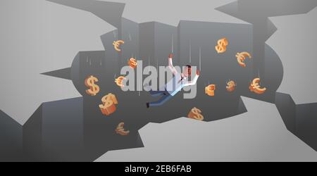 african american businessman with dollar euro signs falling down in hole abyss financial crisis bankruptcy concept horizontal full length vector illustration Stock Vector