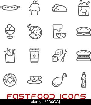 Restaurant and fast food thin line icons with pizza and sausage, burger and coffee cup, cake and chicken, tacho and ice cream, hot dog and french frie Stock Vector