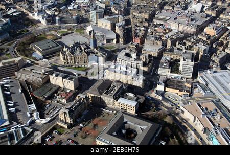 aerial view of Bradford city centre from the east with Bradford Crown Court building (square open quadrangle in foreground) prominent, West Yorkshire Stock Photo