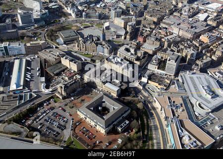 aerial view of Bradford city centre from the east with Bradford Crown Court building (square open quadrangle in foreground) prominent, West Yorkshire Stock Photo