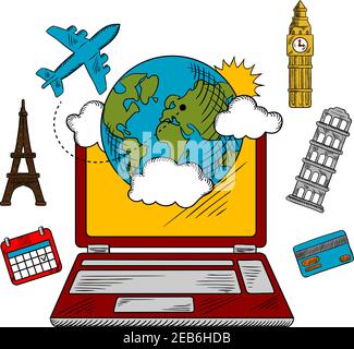 Online travel and sightseeing booking flat concept with a laptop surrounded by a globe, calendar, credit card, airplane and various international land Stock Vector