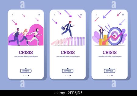 set businesspeople frustrated about financial crisis bankrupt investment risk competition concept smartphone screens collection full length horizontal copy space vector illustration Stock Vector