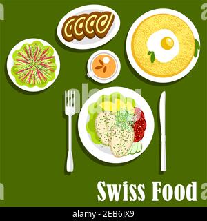 Swiss national cuisine breakfast with potato rosti, topped with fried egg, fish steaks served with lemons, tomatoes and cucumbers, vegetable salad and Stock Vector