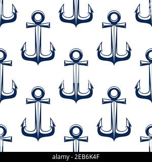 Retro sea anchors seamless pattern. For sailing travel backdrop, marine decoration or fabric design with blue nautical anchors on white background Stock Vector