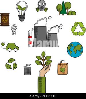 Environment and ecological conservation icons with recycling, electric cars, green leaves, eco-friendly energy with a radiation symbol, gas mask and i Stock Vector