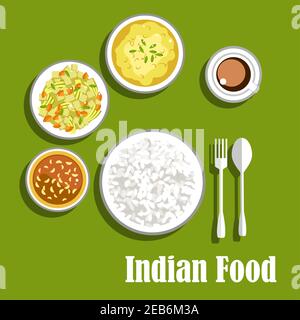 Vegetarian indian dinner flat menu icon with tomato chutney with garlic, dry curry with carrots, potatoes and celery, lentil curry with herbs, served Stock Vector