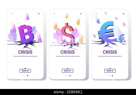 set fallen in price currency falling down bitcoin dollar and euro coins financial crisis bankruptcy investment risk concept smartphone screens collection horizontal copy space vector illustration Stock Vector